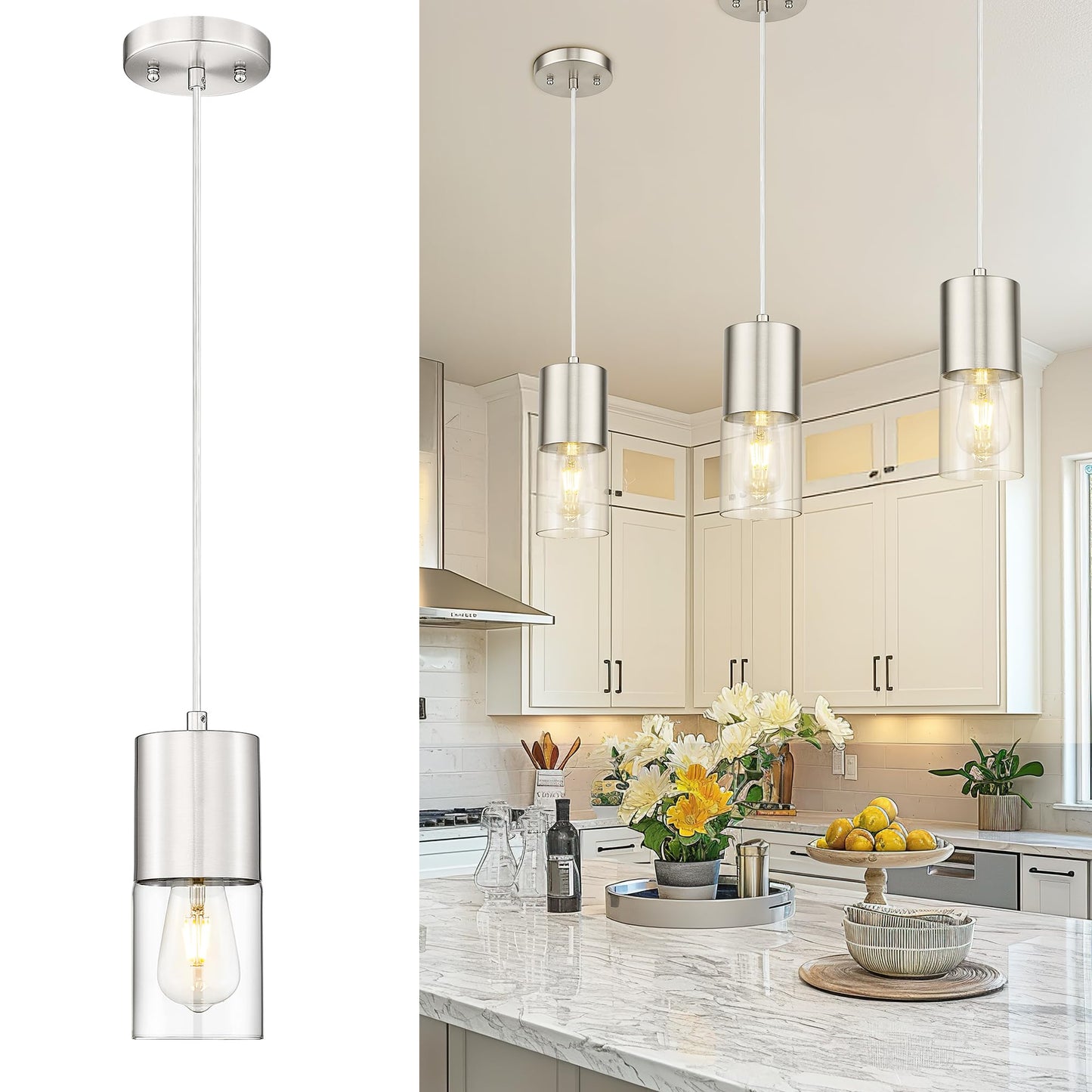 Audickic Pendant Lights Kitchen Island  Brushed Nickel Hanging Lights Fixtures With Cylinder Clear Glass  Modern Kitchen Pendant Lighting Over Island For Dining Room  Ad-24023-1P-Sn