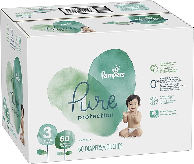 Diapers Size 3, 60 Count - Pampers Pure Protection Disposable Baby Diapers, Hypoallergenic and Unscented Protection, Super Pack (Old Version)