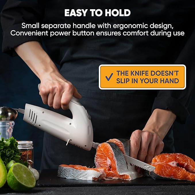 Electric Knife for Turkey, Meat Slicing, Bread, Fillet, Foam & More | Ergonomic Handle + 2 Stainless Steel Carving Blades & Serving Fork Included