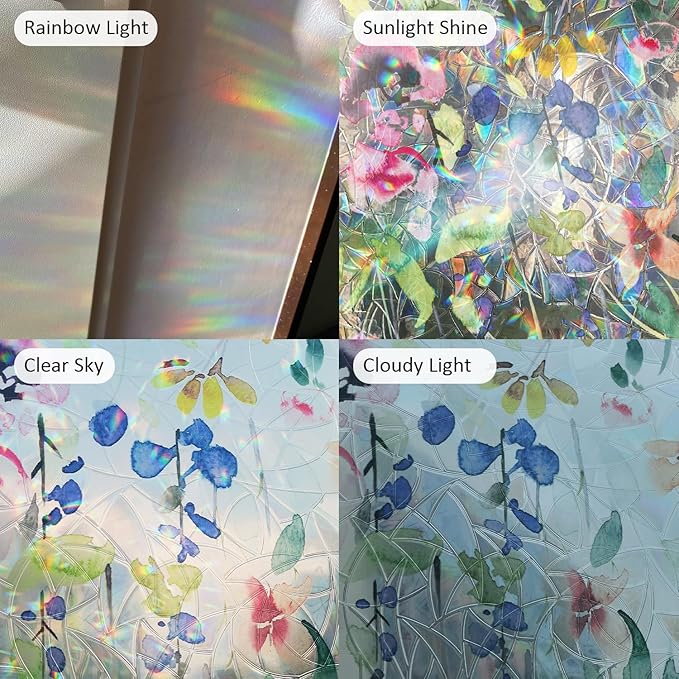 Rainbow Suncatcher Floral Window Film, Privacy Iridescent Static Cling Double-Sided Decals for Window Door Glass Decor, Spring Colorful Flower, 39.37" x 16.93"