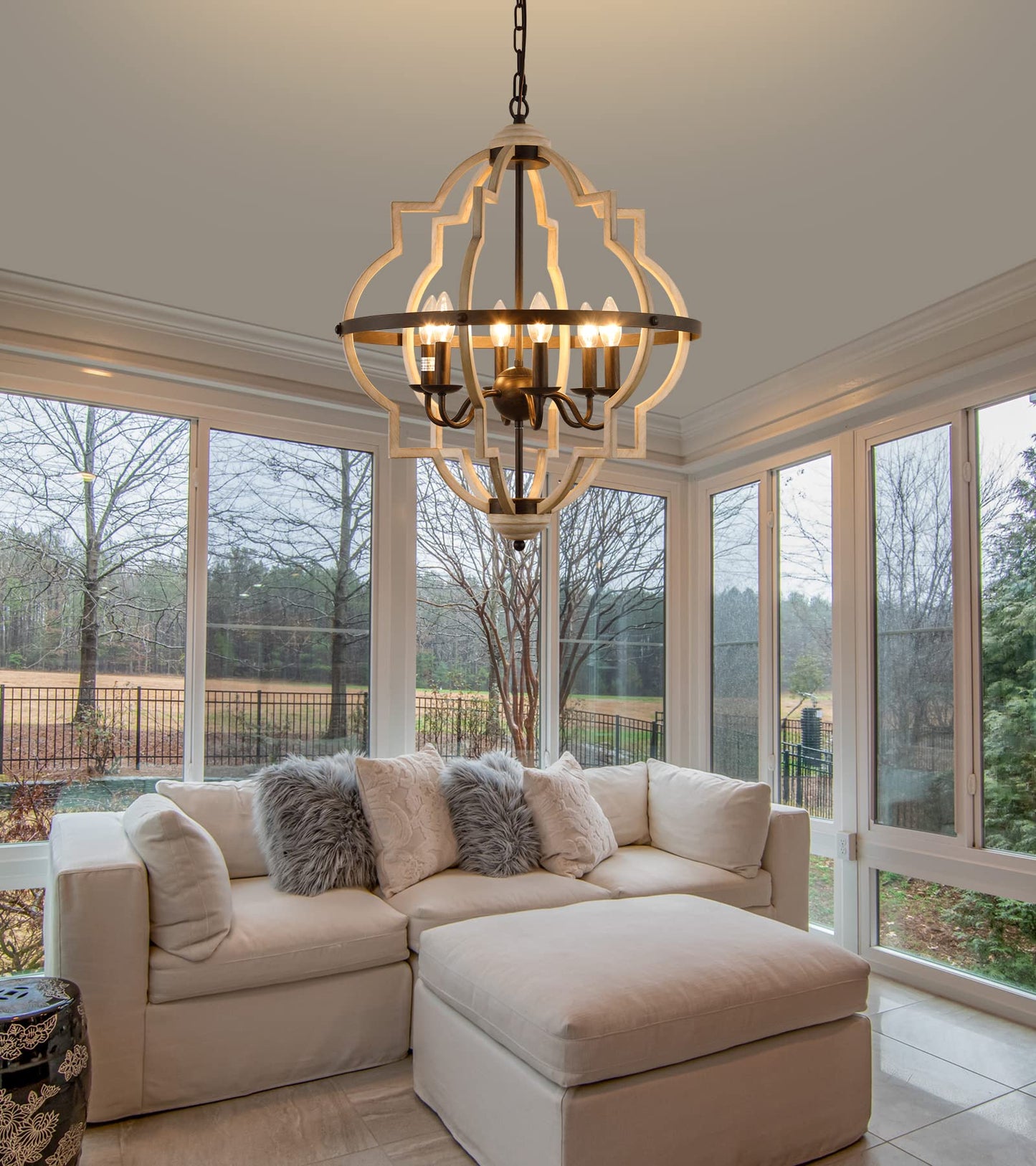 Q&S Rustic Antique Orb Chandelier, 6-Light Oak White Iron Ceiling Fixture For Foyer, Dining Room, Kitchen, Living Room