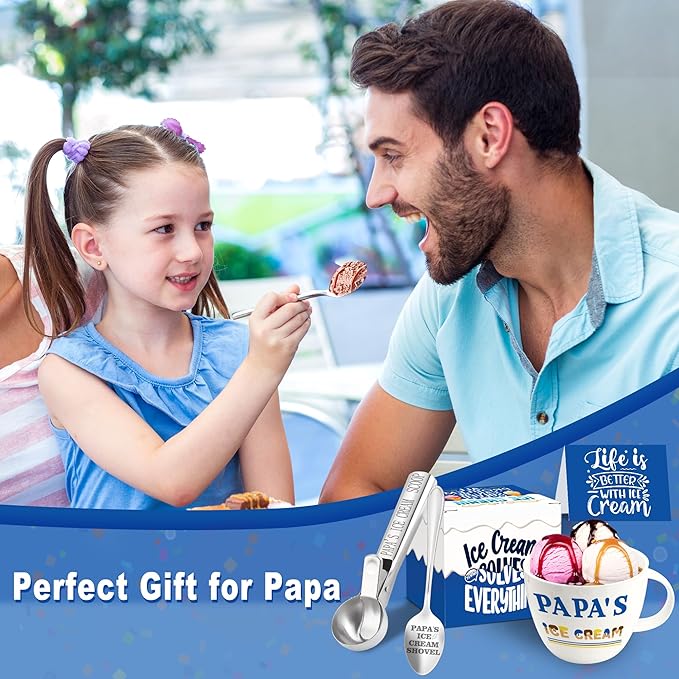 Papa Gifts, Papa Gifts from Grandkids, Papa's Ice Cream Bowl Scoop Shovel Spoon Set, Papa’s Ice Cream Gift, Christmas Birthday Father's Day Valentines Day Gift for Him Man