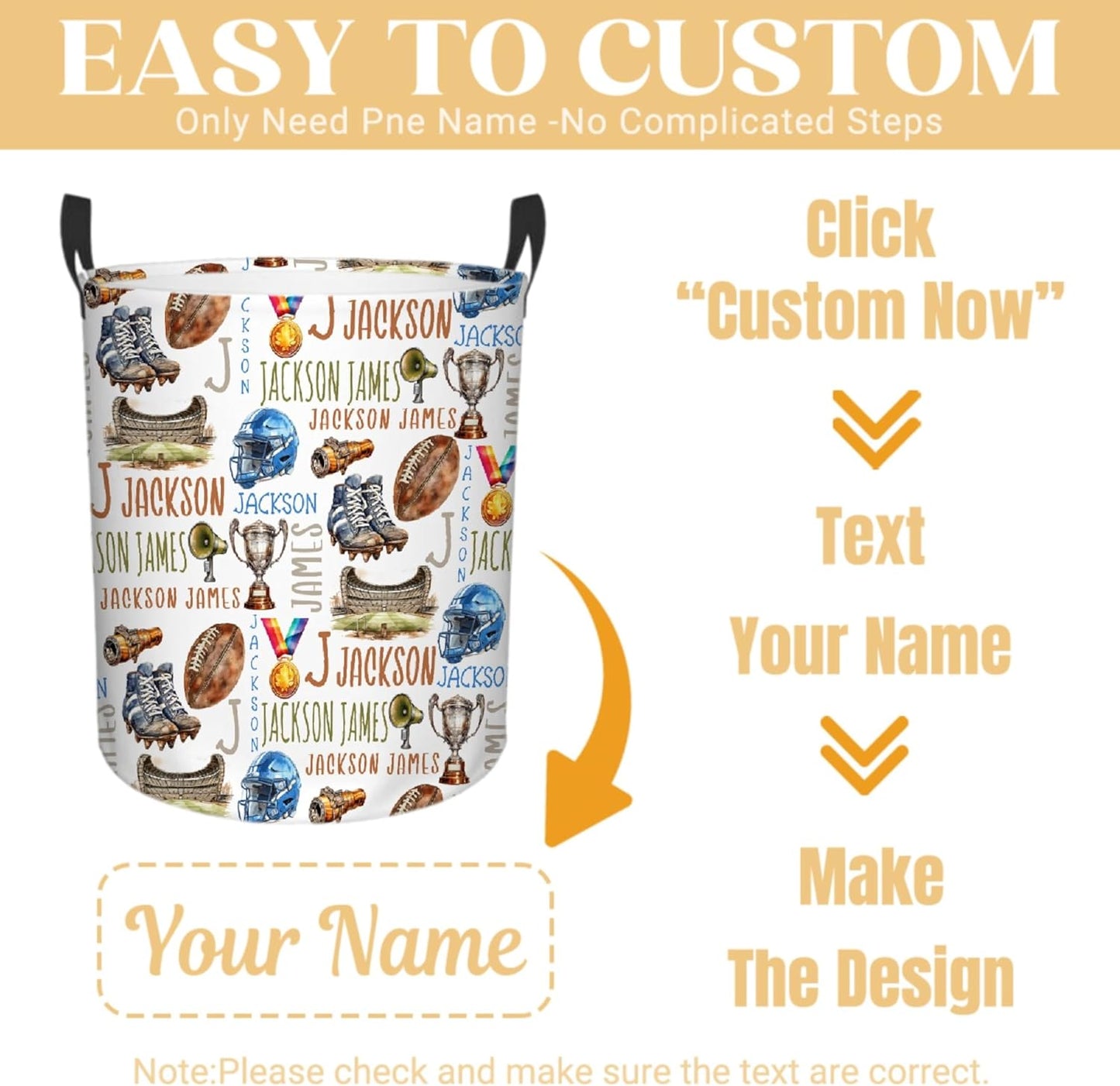 Personalized Football Laundry Basket, Custom Sports Laundry Hamper With Name Gifts For Kids Baby Adults, Collapsible Dirty Clothes Storage Organizer With Handles M 19.6 X 15.7in
