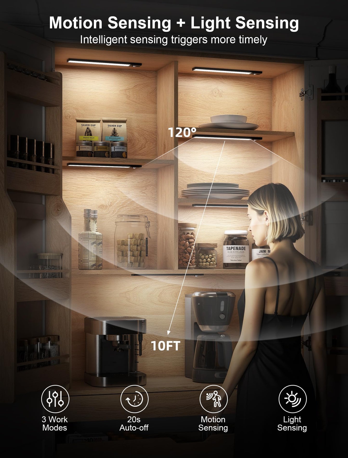 12Inch Rechargeable Under Cabinet Lighting 56 Led -3 Color& 7 Levels Under Cabinet Lighting Wireless 3000Mah Dimmable Magnetic Cabinet Lighting Punch-Free Smart Sensor Magnetic Rechargeable Led Lights