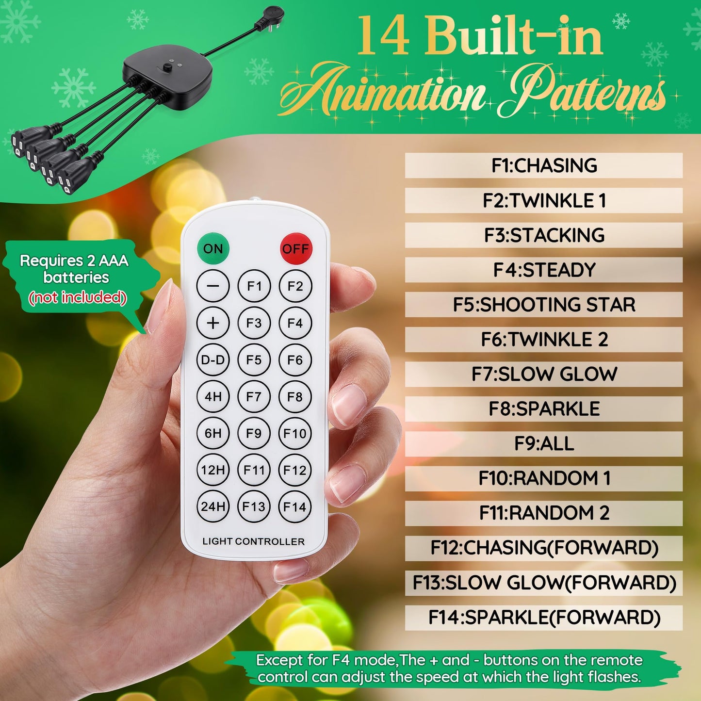 Gulfmew Christmas Light Controller With Remote  Multiple Lighting Effects  Timer  Dusk To Dawn Sensor Control  For Indoor Outdoor Holiday Xmas Lights  Waterproof(4 Channel/14 Functions Black)