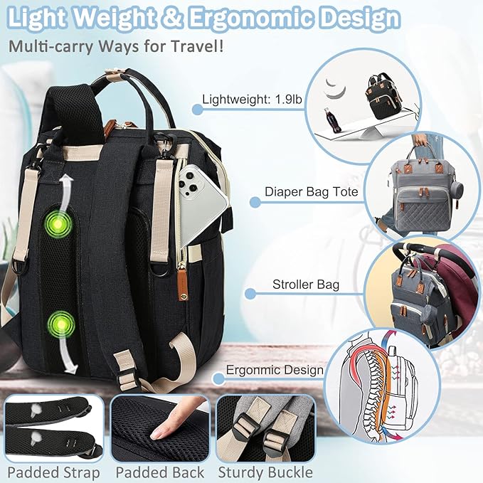 Diaper Bag Backpack Baby Bag, Baby Girl Boy Diaper Bag for Dad Mom with Pad, 16 Pockets, Pacifier Case, Large Diaper Bags Unisex for Travel (Black)