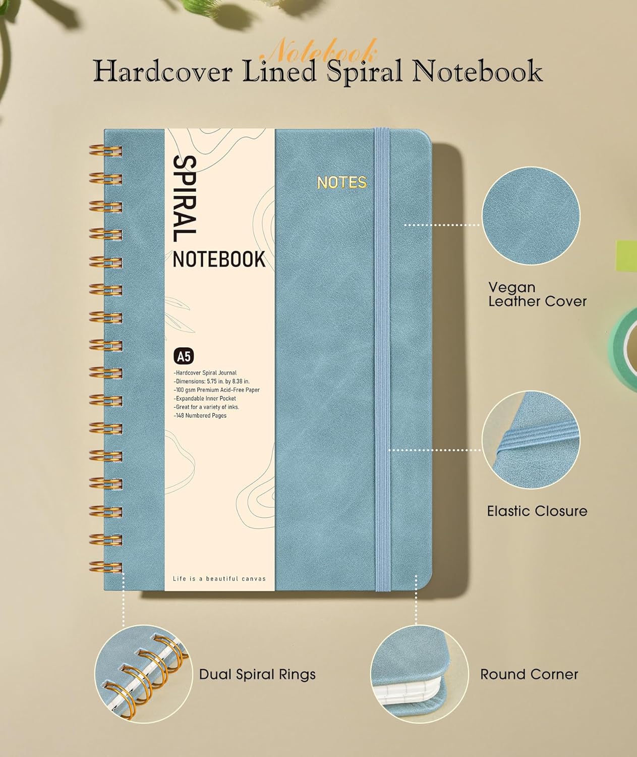 Graph Spiral Journal Notebook, A5 Hardcover Spiral Journals for Women Men, 100 GSM Graph Paper Notebooks, 150 Pages Spiral Bound Grid Notebook for Writing Note Taking Work 5.75" x 8.38", Misty Blue