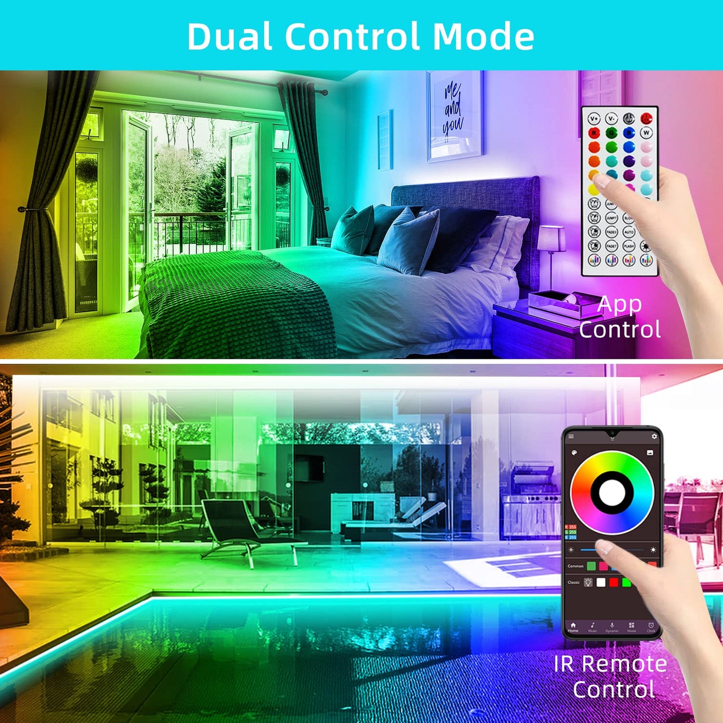 Lcutml LED Strip Lights, RGB Color Changing, 130FT (2 Rolls of 65ft), APP Control, Multicolor, Model ERS-F30RGBB12-IP300