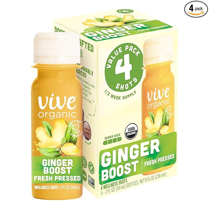 Vive Organic Ginger Boost Wellness Shot, Fresh Pressed Ginger Shot, 2 fl oz Bottles, 4-Pack