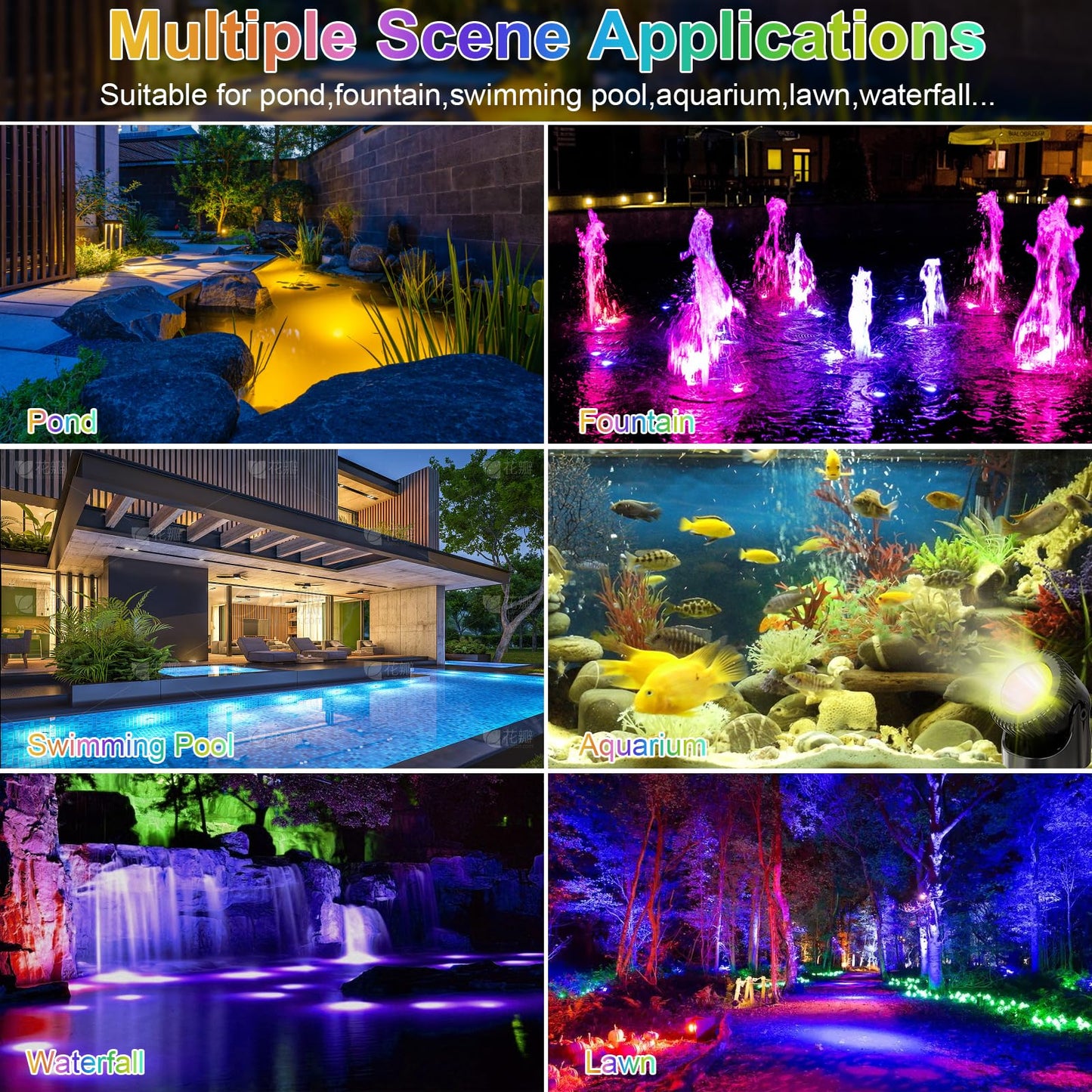 Srygery RGB Underwater Pond Lights, 20 Colors Dimmable, IP68 Waterproof, Remote Control, Set of 4, Black, Model BSV-RL504C