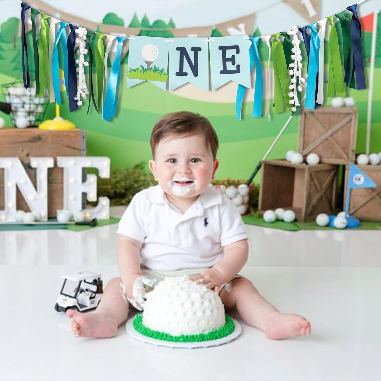 Golf High Chair Banner for 1st Birthday - First Birthday Decoration for Baby's,Golf Theme 1st Birthday Banner,The First Gift for The Birthday Party,Photo Props For Birthday Party ,Green Blue First