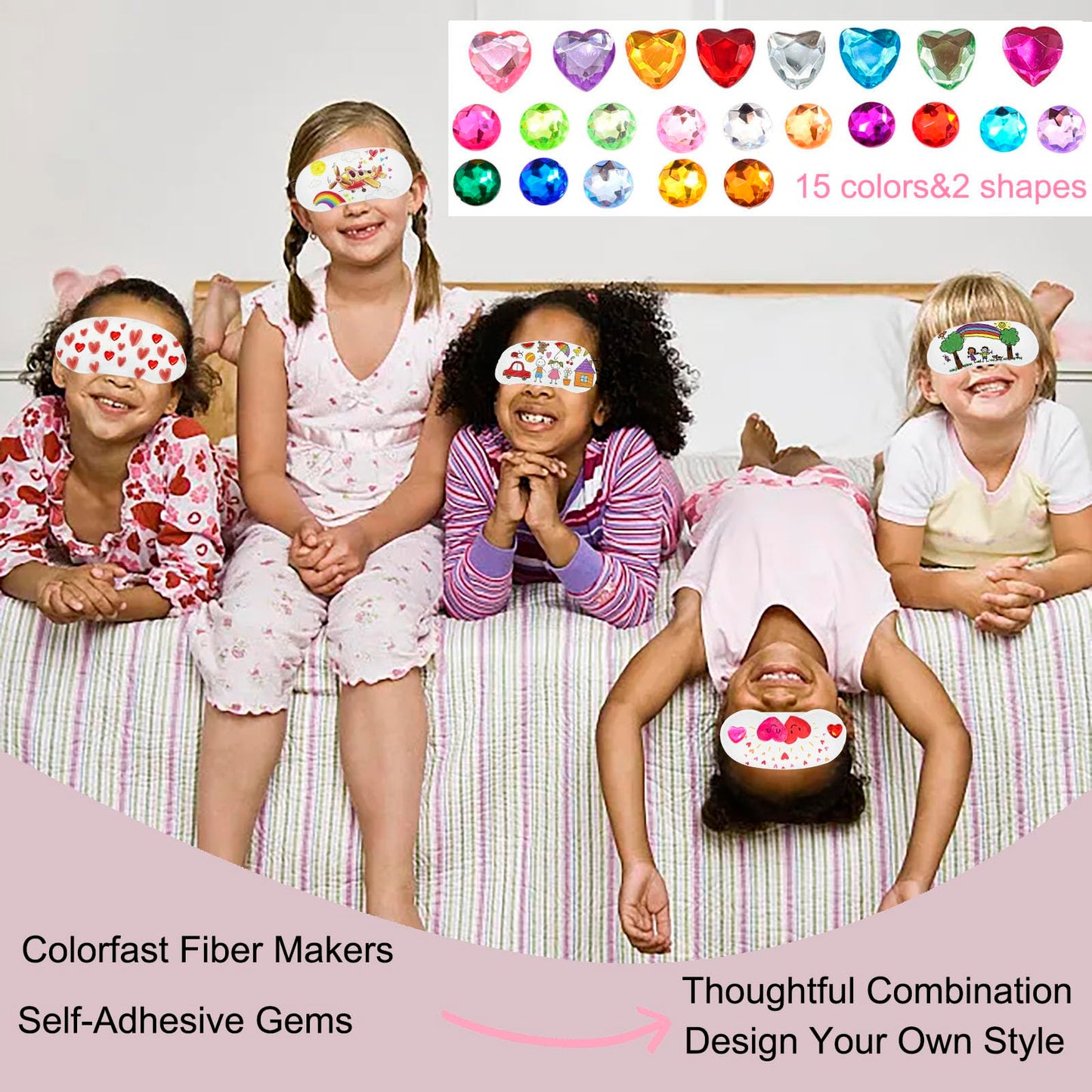 22 PCS Sleepover Party Supplies, 12 PCS Sleep Eye Masks White Blindfold Slumber Eye Covering with 2 Sheets Self-Adhesive Heart Rhinestones Gems&8 PCS Fabric Marker Pens
