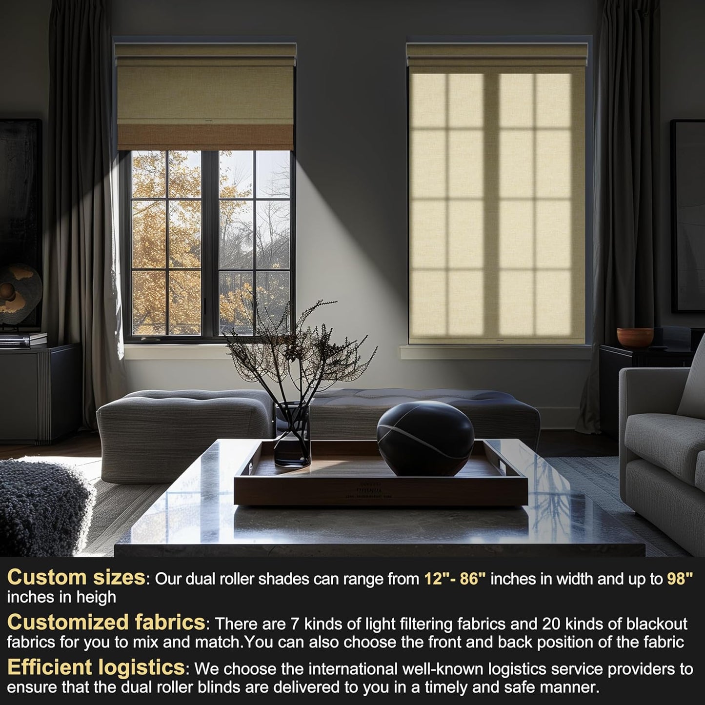 BERISSA Cordless Dual Roller Shades with Cassette Valance,Double Window Shades Blackout and Light Filtering Shades,Day and Night Roller Shades for Home Office Door.Linen Beige.52 W x 64" H