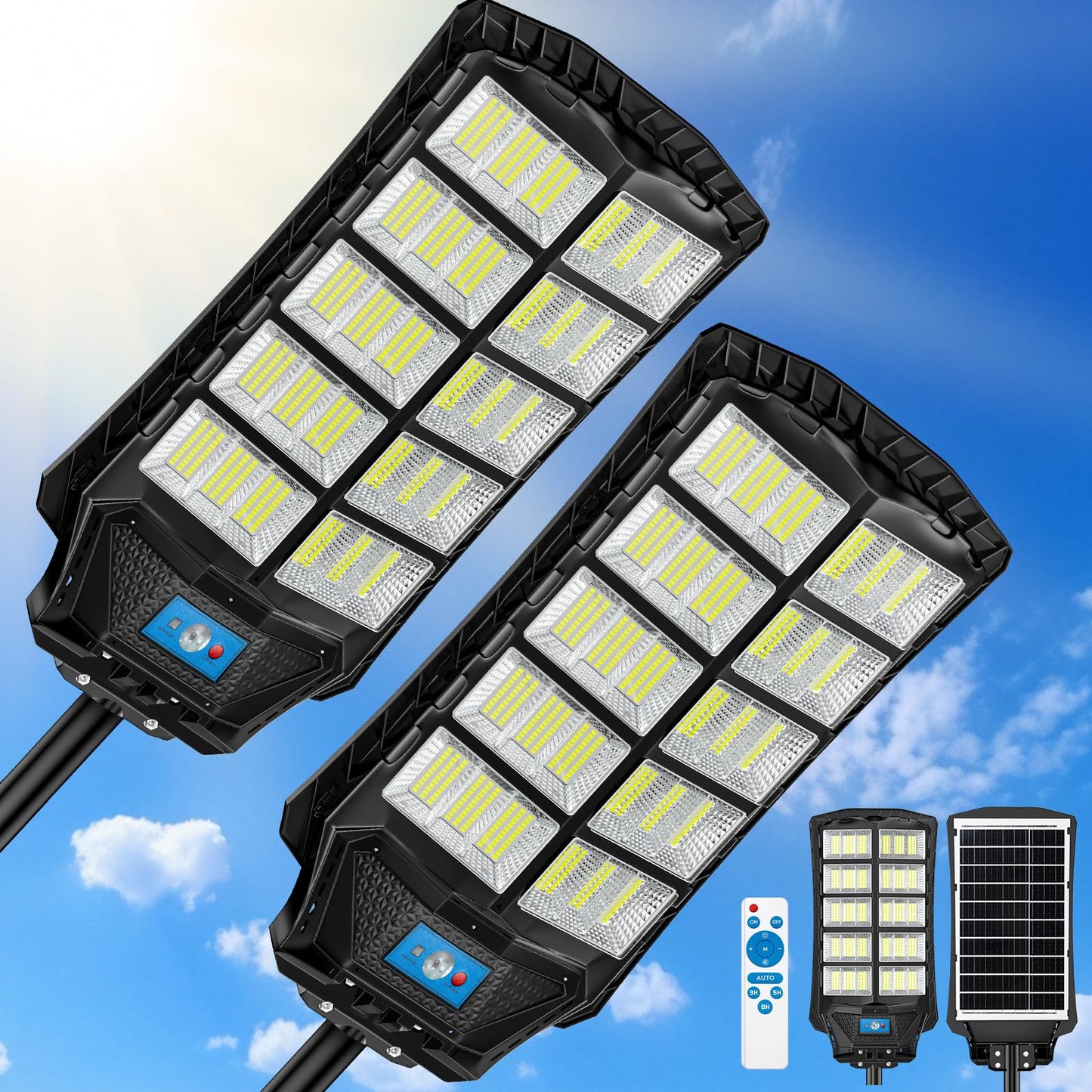 ZIZIWIN Solar Street Lights 12000W, Waterproof, 2 Pack, Dusk to Dawn, Remote Control, Motion Sensor, Black, SLLDG