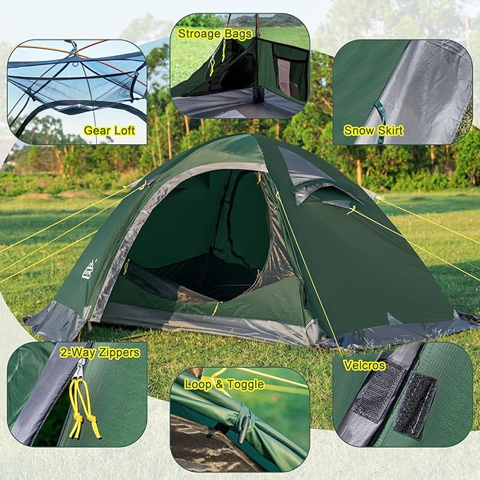 2 Person Backpacking Tent, Waterproof 4 Season Tent, Windproof Cold Weather Winter Tent for Camping, Hiking, Hunting, Cycling