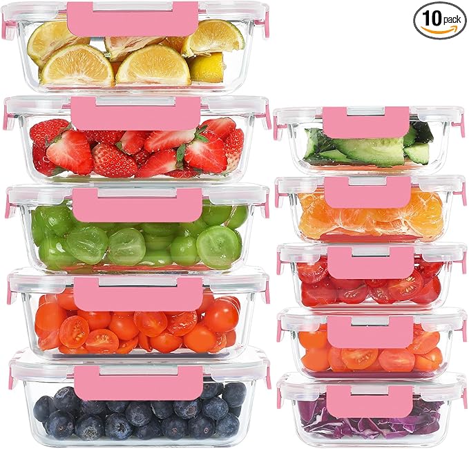 KOMUEE 10 Pack Glass Food Storage Containers, Meal Prep Containers with Lids, Airtight Glass Lunch Boxes, Freezer, Oven, and Microwave Safe, Pink