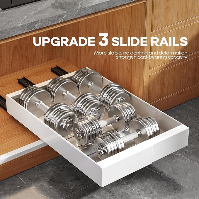 2 Pack Expandable (9"-14") Pull Out Cabinet Organizer 21" Deep With Raising Pad for Framed Cabinets,Upgrade 3 Slide Rails Slide Out Drawers,No Drill Roll Out Shelves Adhesive,White