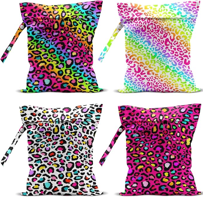 4 Pack Colorful Rainbow Neon Leopard Wet Bag Waterproof Washable Reusable Wet Dry Bag for Swimsuit Clothes Cloth Diaper Travel Pool Yoga Gym Toiletries Gift for Women Friend Bestie Christmas Birthday