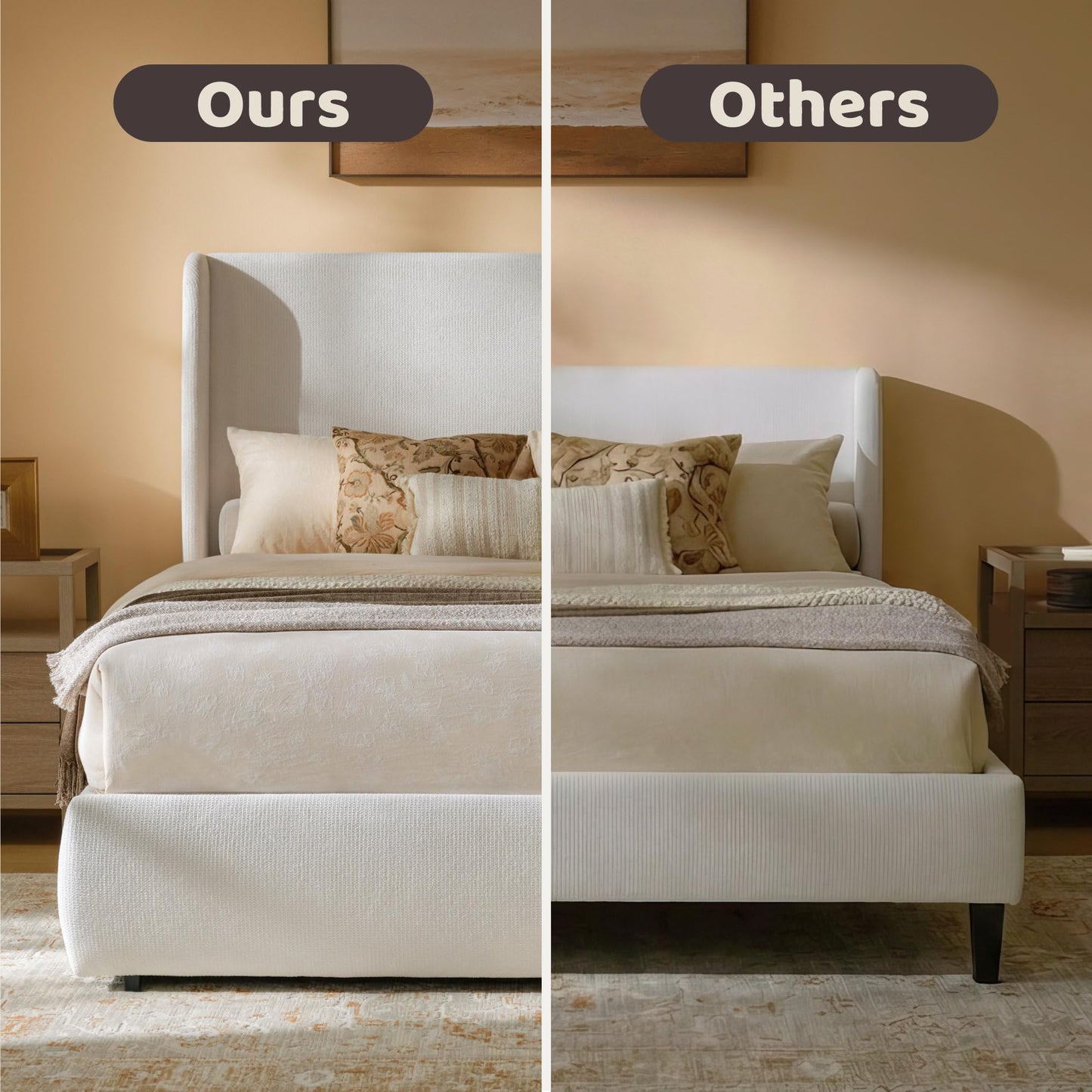 RECCI Queen Upholstered Wingback Bed Frame with Storage Drawers, 52” Tall Cushioned Headboard, Soft Edges, Low Profile Platform Bed, Sturdy Wood Slats, No Box Spring Needed, Ivory White Canvas