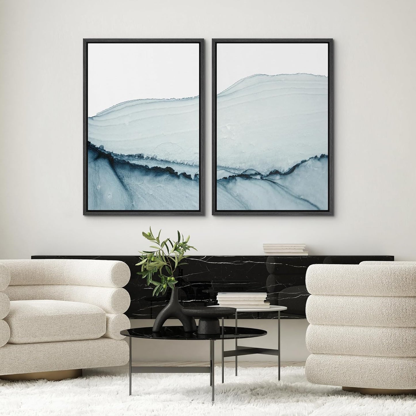 SIGNWIN Framed Wall Art Print Set Blue Paint Stroke Wave Collage Abstract Shapes Illustrations Modern Art Rustic Relax/Calm Multicolor for Living Room, Bedroom, Office - 16"x24"x2 Black