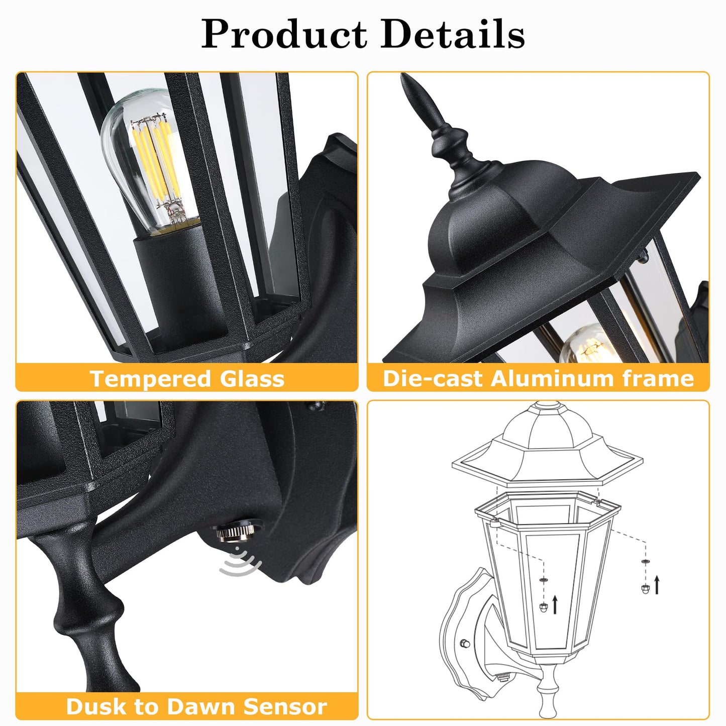 GRUENLICH Outdoor Wall Sconce, Dusk to Dawn Lighting, Black Aluminum, 14 Inch, Model GR-WL003D2D-BK-1PK, Clear Glass