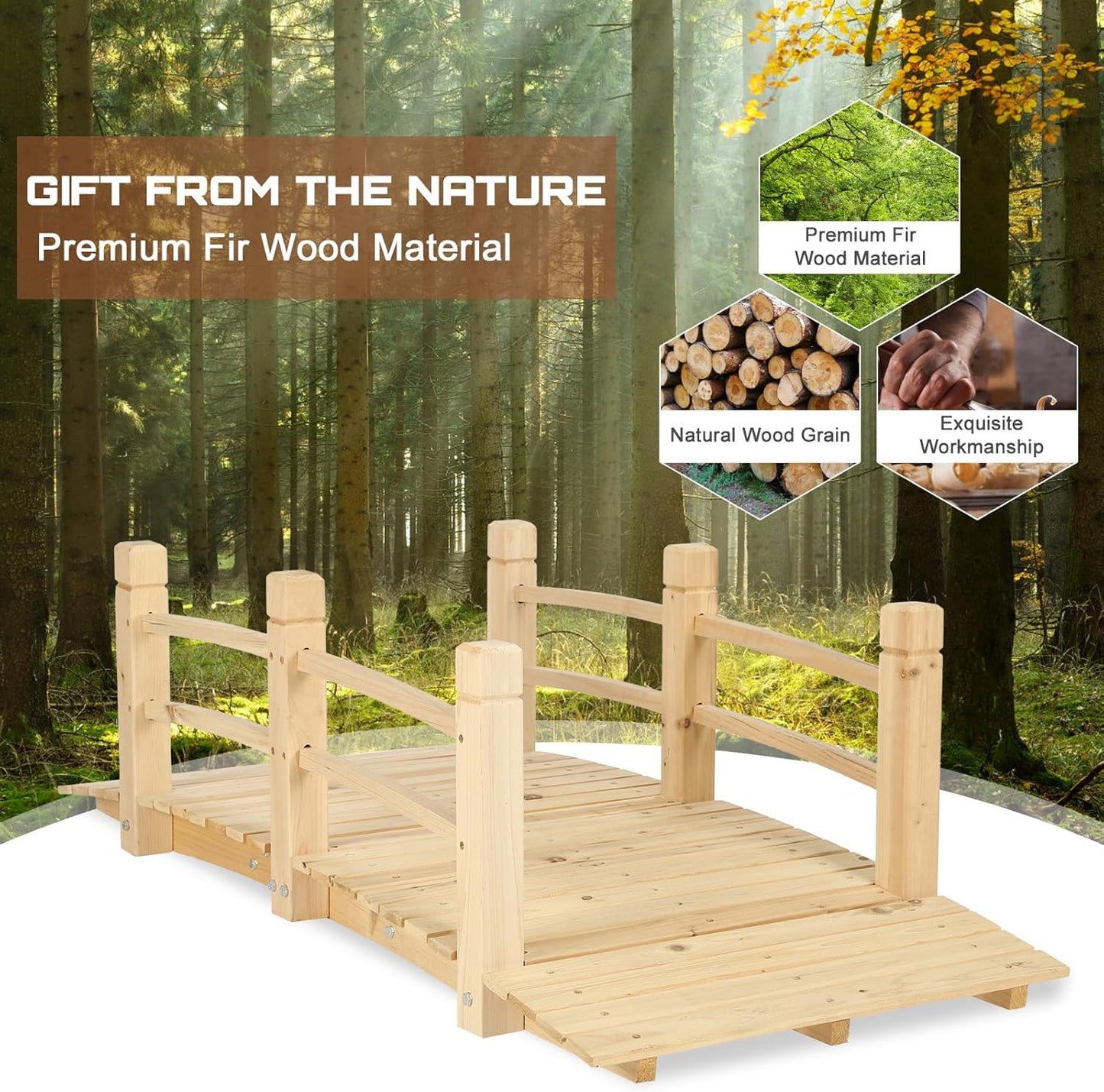 HOMEDIARY Fir Wood Garden Bridge, Outdoor Arc Footbridge Walkway with Double Safety Railings, Decorative Pond Bridge Landscaping w/550lbs Capacity for Backyard Garden Creek Pond Decor, Natural