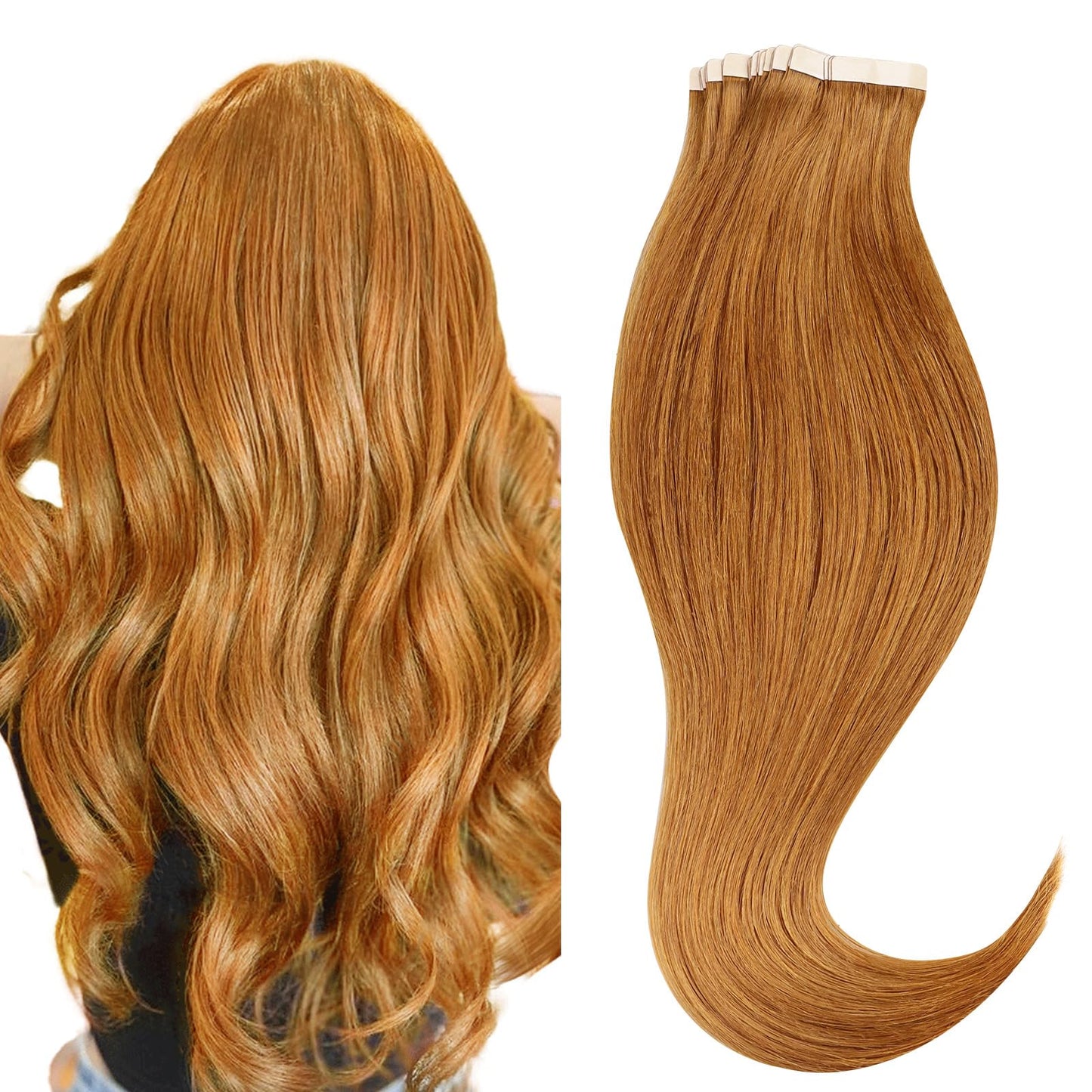 HOTBANANA Tape in Hair Extensions, 18 Inch 20pcs 50g Auburn Ginger Straight Remy Human Hair Tape Extensions