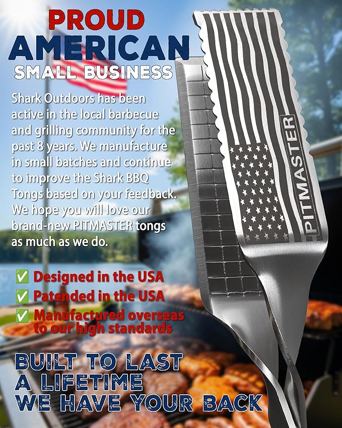 Shark BBQ Pitmaster Grill Tongs, 2X Stronger, Heavy-Duty for Big Hands & Large Cuts. Long-Reach Barbecue Grilling Tongs. Premium Stainless Steel Tong (Black)