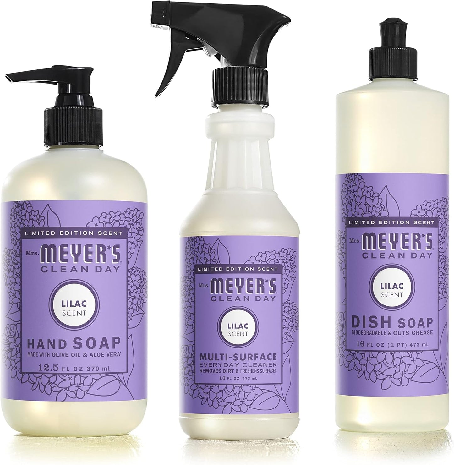 Mrs. MEYER'S Kitchen Set, Dish Soap, Hand Soap, and Multi-Surface Cleaner, 3 CT (Lilac)
