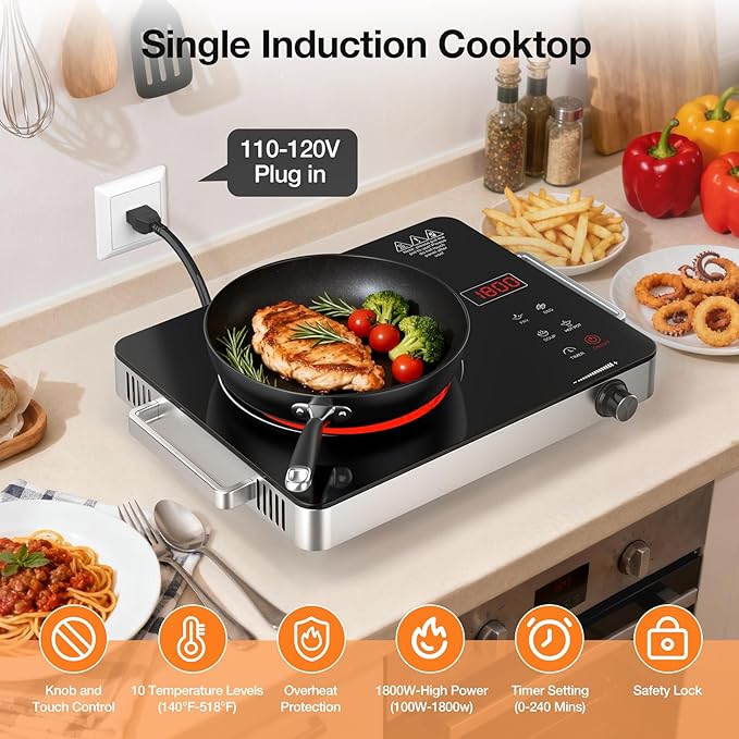WABK 1800W Single Portable Electric Cooktop, 110V Hot Plate Countertop Burner with LCD Sensor Touch, 10 Temperature Setting, LED Display, Kids Safety Lock, Auto Shut off Function for Home Camping