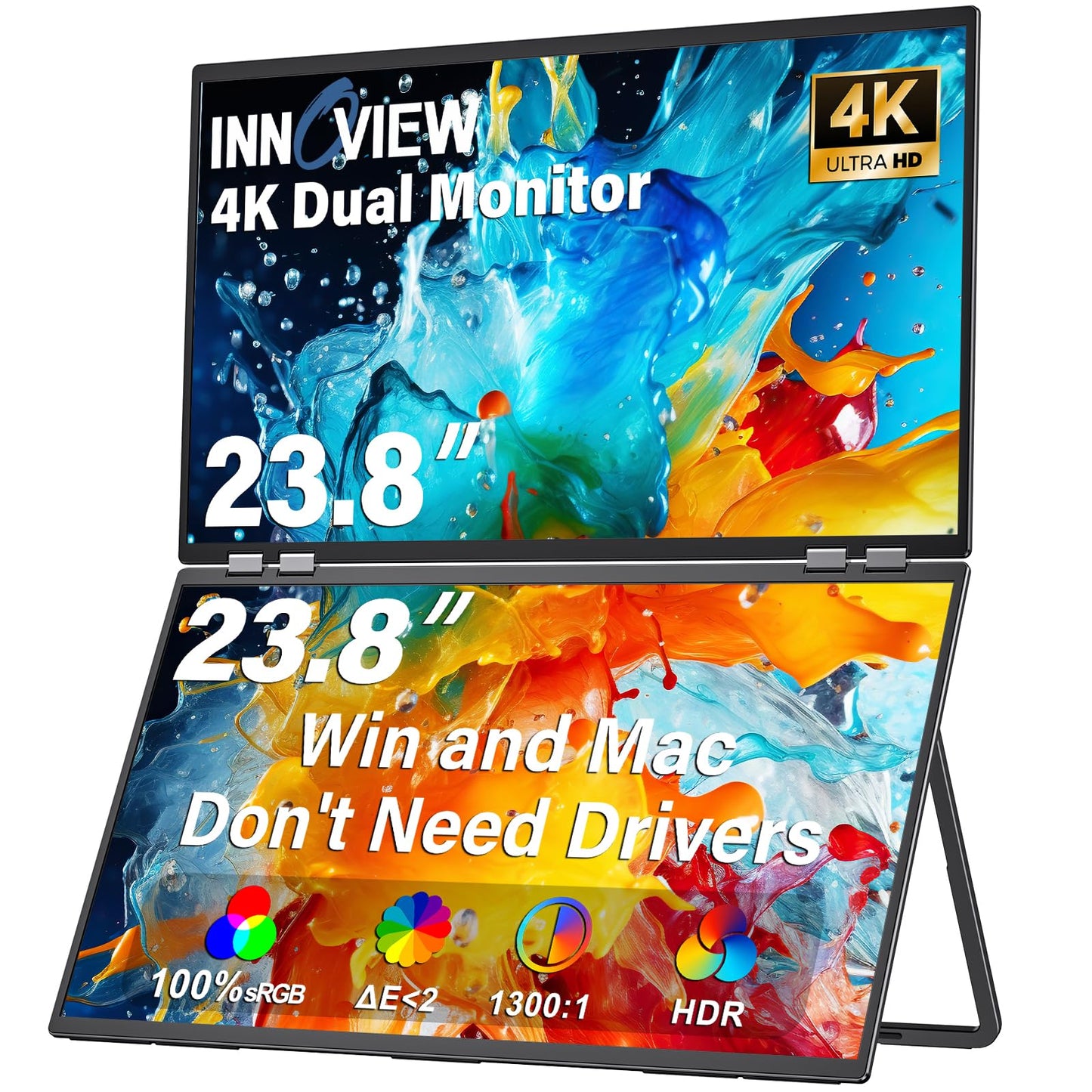 InnoView 23.8" Dual Portable Monitor 100% sRGB 3840x2160P 4K 315°Adjustable Dual Stacked Foldable Monitor Built-in Speakers Screen Extender with HDMI/USB-C/DP for Laptop Windows Mac