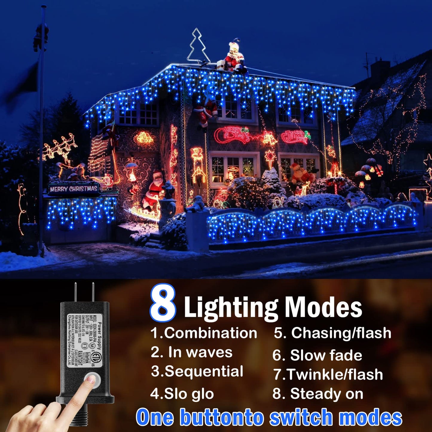 Hezbjiti Outdoor Christmas Decorations Lights, 400 LED 32.8 FT, 8 Modes, Blue, Model HB01-MNO1005-JDY