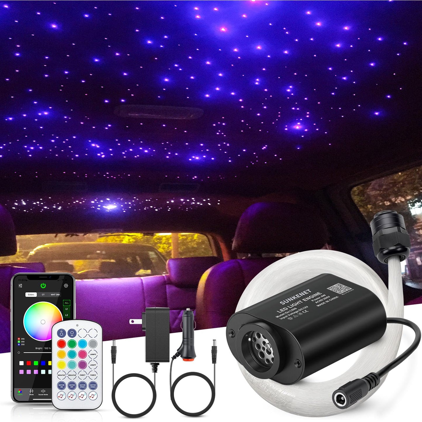 SUNKENET Meteor Twinkle Starlight Kit, 6W Fiber Optic Lights, Bluetooth/App Control, Model QJ-L006, 650pcs, 9.8ft, Aluminum