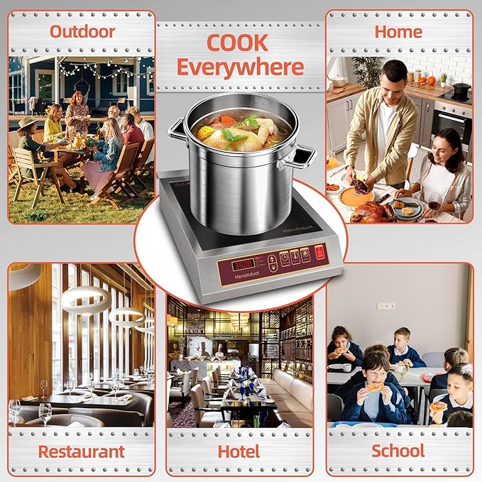 Portable Induction Cooktop 208-240V 3500W Commercial Range Countertop Burner Dual IGBT Modules 8 Heating Level Timer Sensor Push-Button Premium Stainless Steel Housing Ceramic Glass（Red）