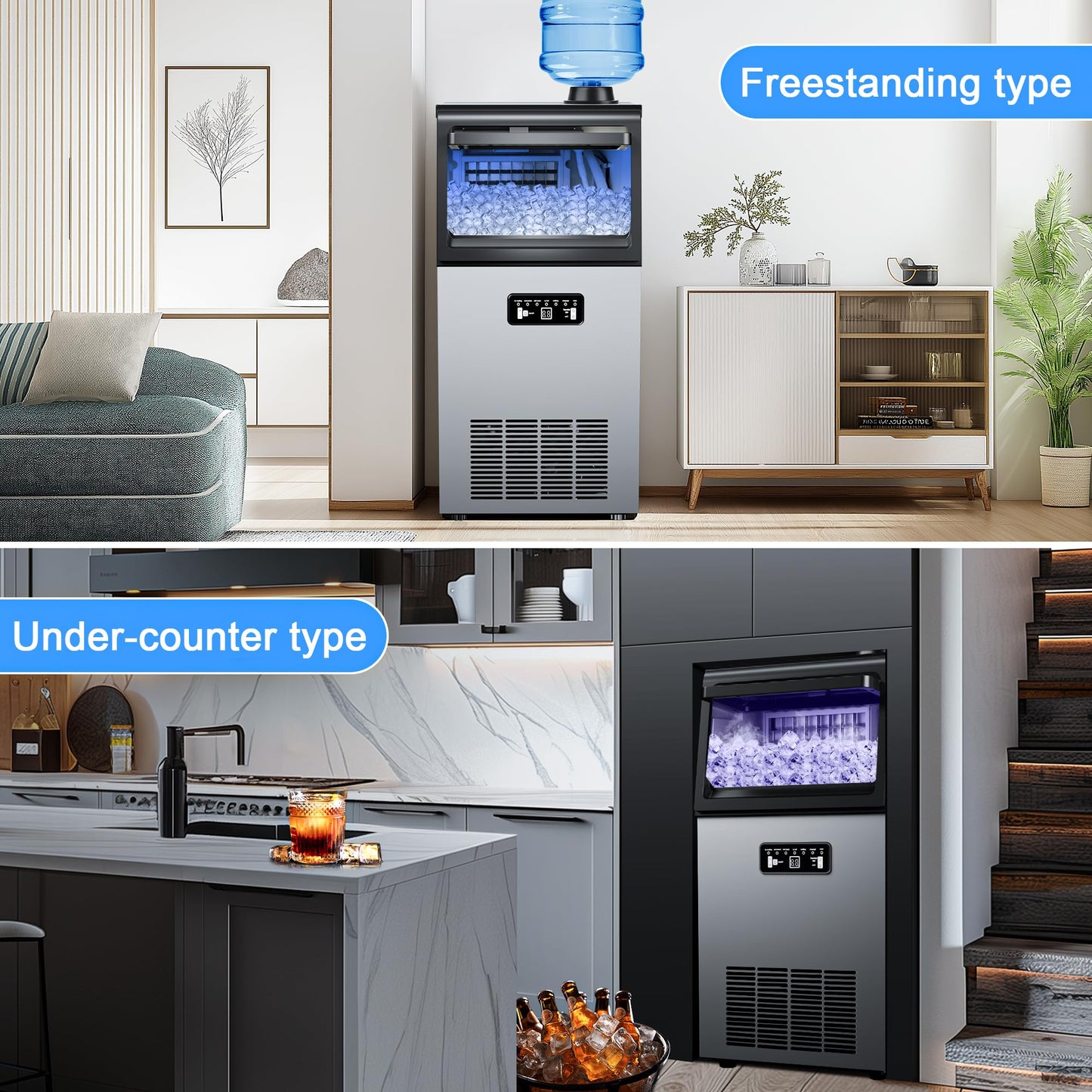 Commercial Ice Maker Machine 120lbs/24H with 22lbs Storage, Stainless Steel Freestanding Ice Machine 45Ice/Cycle 2 Water Inlet Modes, Self-Cleaning Function for Homes Bars Restaurants