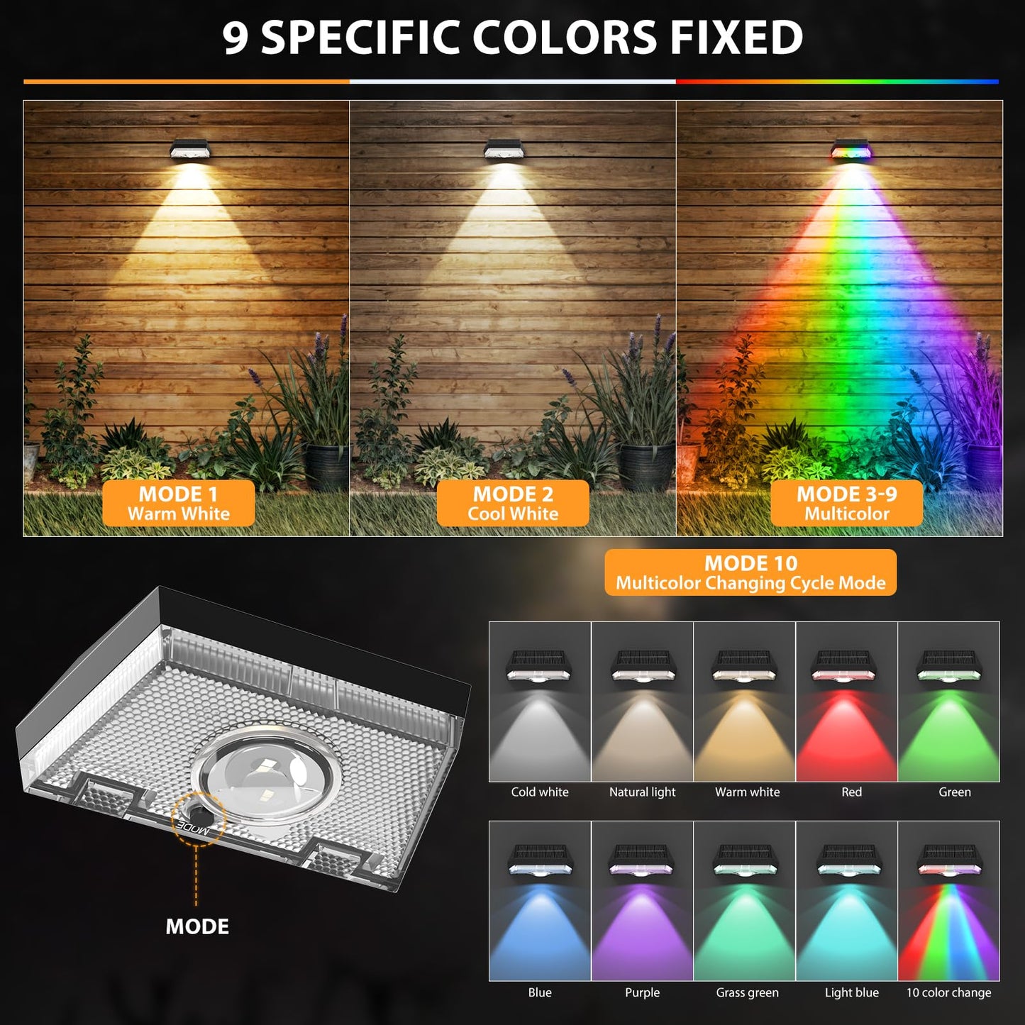 Ugdluck Solar Fence Lights 9 Lighting Modes & Color Changing Mode Ip65 Waterproof Outdoor  Solar Deck Lights For Outside/Patio/Backyard/Wall/Pool/Fence/Railing/Step(8Pack)