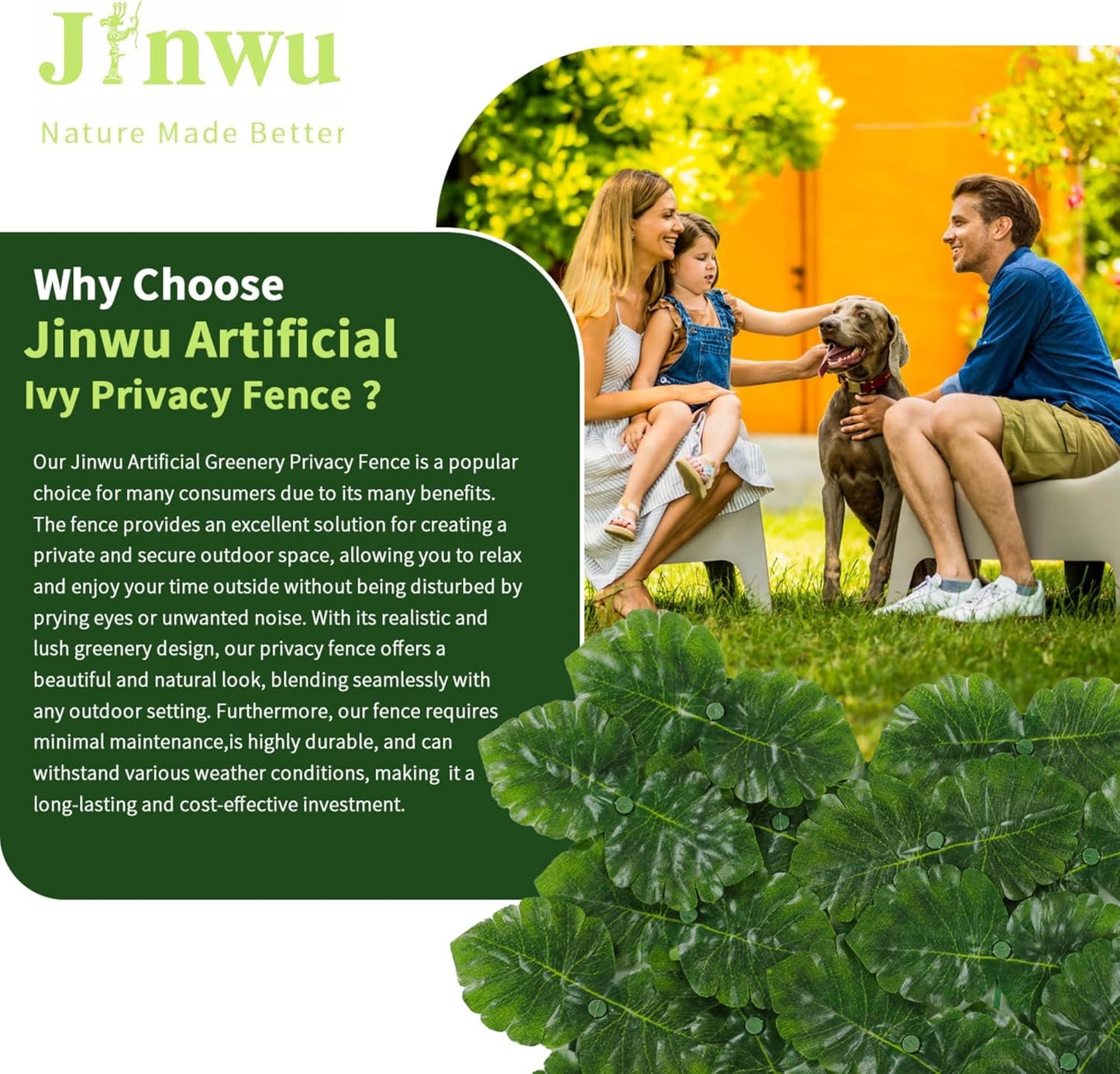 Jinwu Artificial Ivy Privacy Fence Screen (2 Rolls, Total 59x118 inch), Expandable Faux Privacy Fence with 79 pcs Zip Ties, Decoration for Outdoor Garden, Printed Monstera Leaf