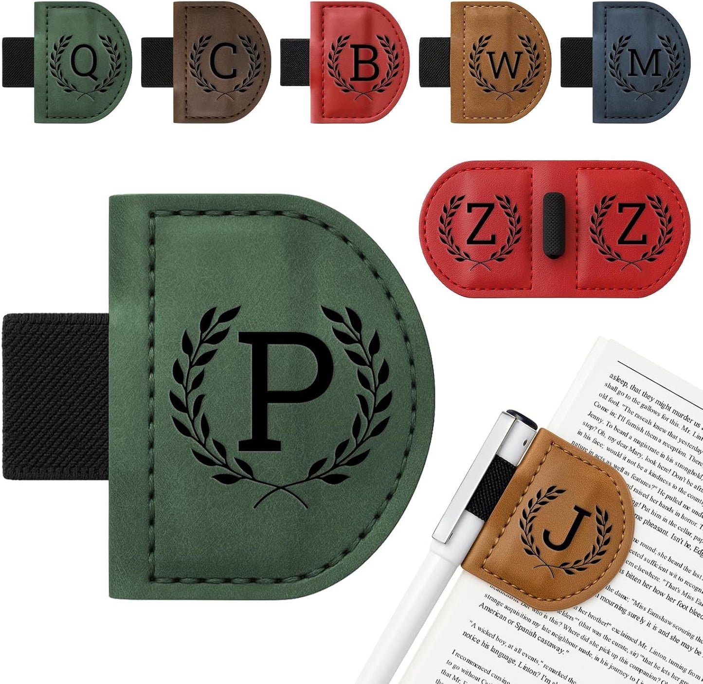 Personalized Bygone Mark Bookmark with Pen Holder,Engraving Leather Magnetic Bookmarks Vintage 26 Letters Name Initials Text Book Marker Clips Gifts for Reading Book Lovers Women (Green, P)