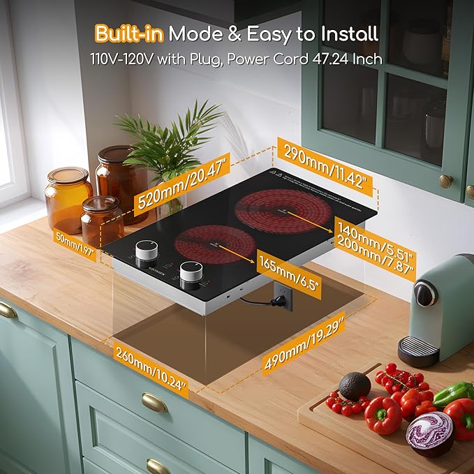 12 Inch Electric Cooktop with 2 Burner,110V-120V, 1800W,Plug in Electric Stove Top,Countertop & Built-in,Glass Radiant Cooktop with Knob & Touch Control,Auto Shutdown,Residual Heat Warning