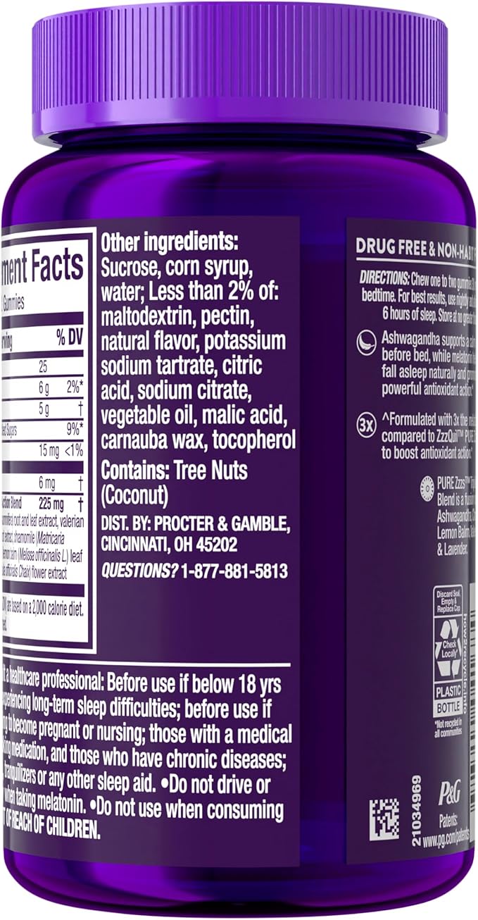 ZzzQuil PURE Zzzs Triple Action, Melatonin Gummies, Melatonin 6mg, 3X Melatonin, Sleep Aid with Ashwagandha, Calm Mood, Antioxidant Action, Sleep Aids for Adults, 60 Sleep Gummies
