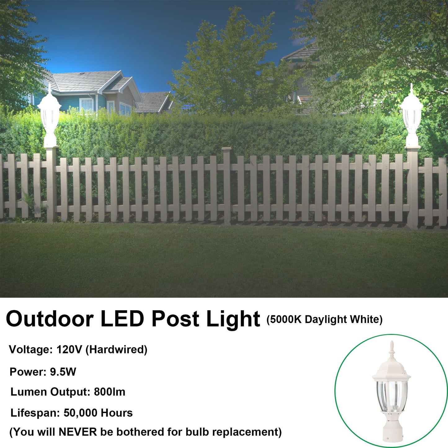 LIT-PaTH LED Outdoor Post Light, 9.5W 800 Lumens, 5000K Daylight White, Aluminum, Matte White Finish, Model LT-PL00150K