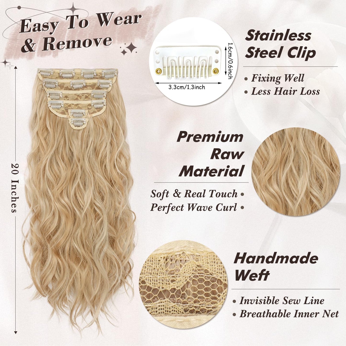 BARSDAR Honey Blonde Clip in Hair Extensions - 20 Inch 6PCs Full Head Beach Wavy Clip in Hair Extensions for Women - Voluminous