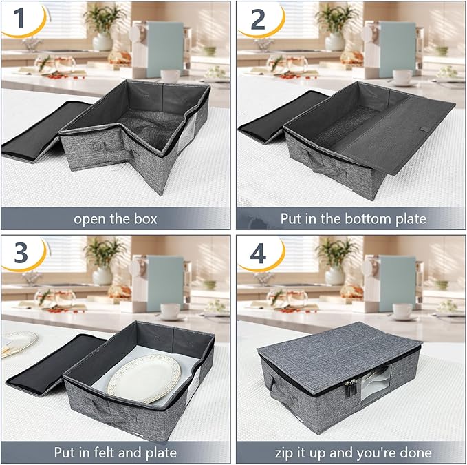 Platter Storage Case - Plate Storage Containers with PVC Windows,16.5“x12.6x5.5'', Stackable China Storage Containers Hard Shell,4 Felt Dividers Included for Dish,Plate, Dinnerware and Transport(Gray)