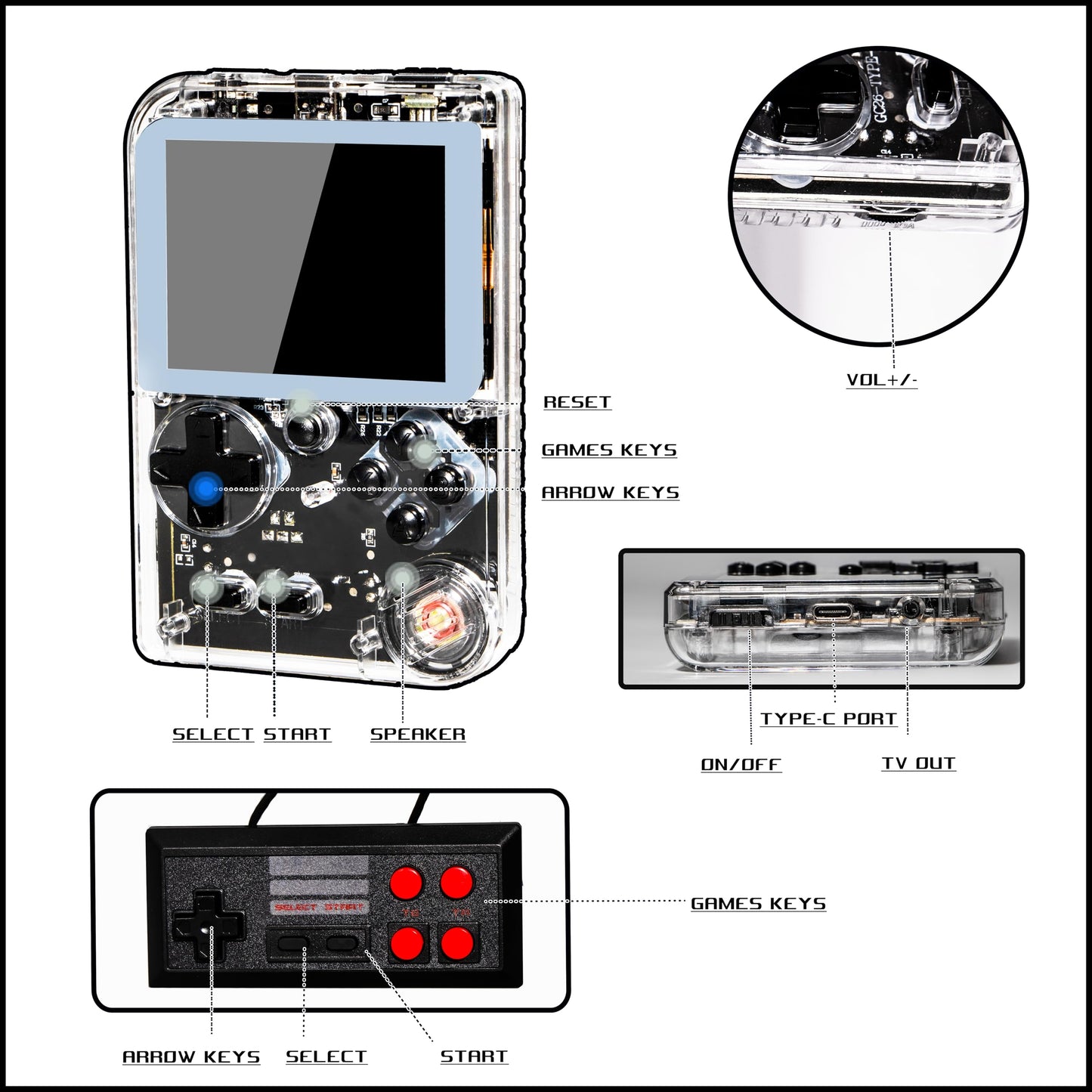 Retro Handheld Game, 3 Inch LCD Screen Portable Video Game Console with 256 Classic Games, 800 mAh Rechargeable Battery Support for Connecting TV and Two Players (Transparent White )