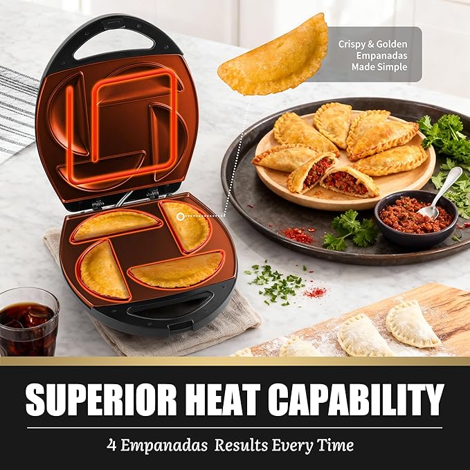 Electric Empanada Maker Machine with Press Mold,Large Dumpling Maker Press,Pierogi Maker Press Machine,Make 4 Psc of 6 Inches Large Empanadas,Jamaican Beef Patties,Calzones,Pocket Pies,Black