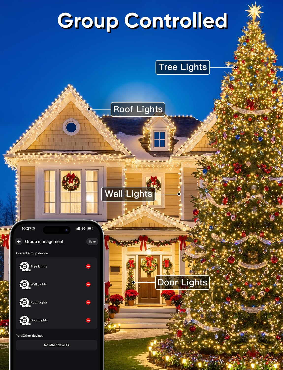Ollny Smart Christmas Lights, 197FT 600 LED, RGB Color Changing, Waterproof, APP Control, Model NYA0600R, Dark Wire