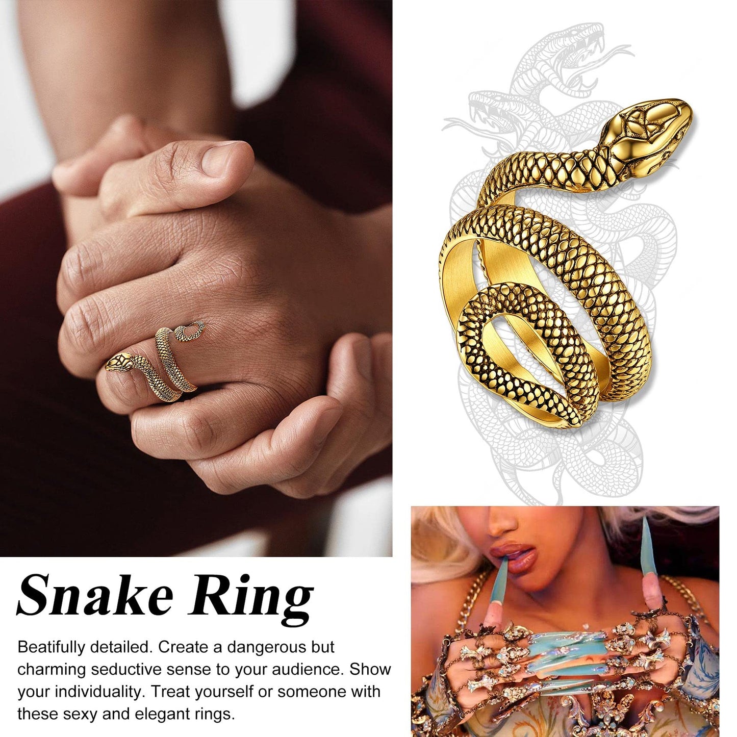 Bestyle Vintage 18K Gold Plated Snake Ring for Women Men Adjustable Cool Rings Snake Jewelry Gothic Punk Finger Rings Fashion Ha