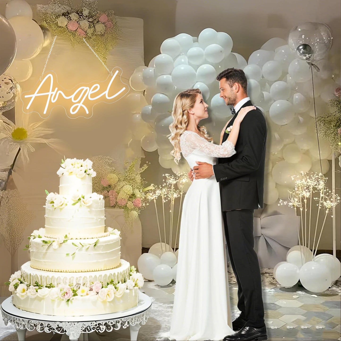 JIURUIFFC Angel Neon Sign, Warm White, Dimmable USB Powered Wall Decor, 16.5 x 7.8 inches, for Kids Room, Birthday, Wedding Party