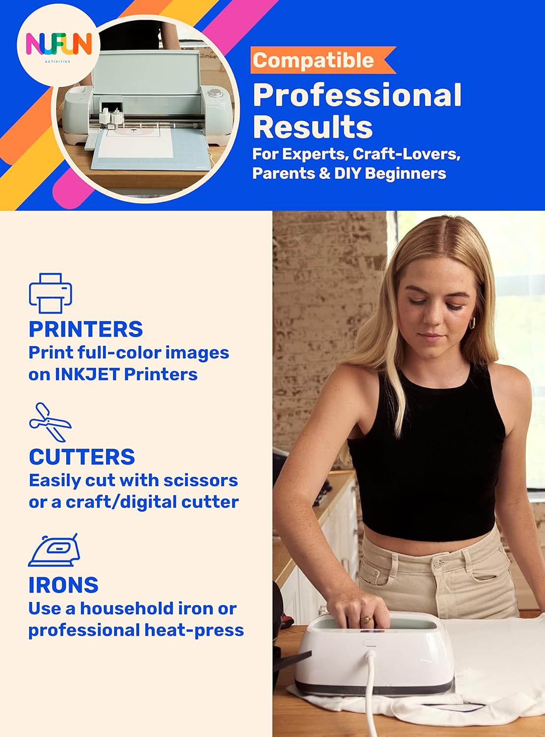 NuFun Activities Printable Iron-on Heat Transfer Paper for T Shirts, Light Fabrics, 50 Sheets 8.5 x 11 inch, Long Lasting, Durable, Professional Quality, Easy DIY, Non-Toxic, Made in The USA