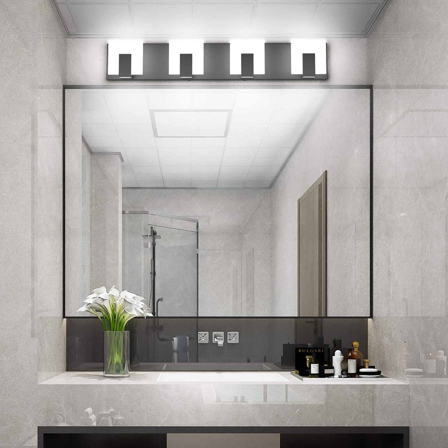 Aipsun 4 Lights Modern Black Vanity Light - Led Bathroom Wall Fixture 6000K, Acrylic, Up And Down Design, Gw-1105